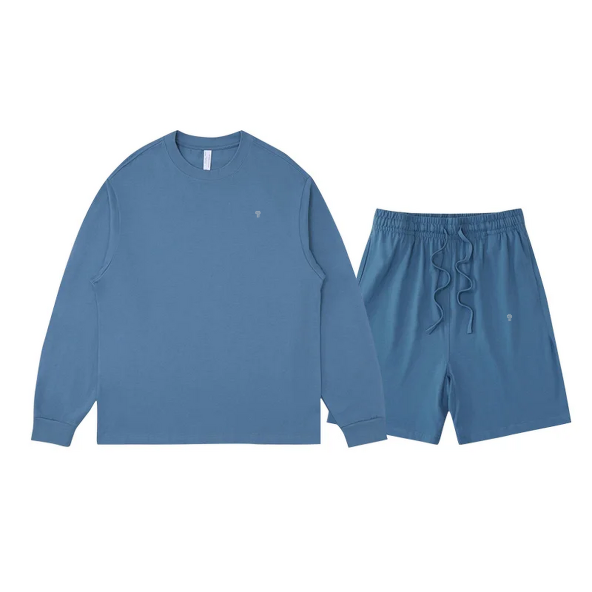 Polocom Plus Everyday Cotton Crewneck and Shorts Set in Gray Blue, front view with small silver emblems
