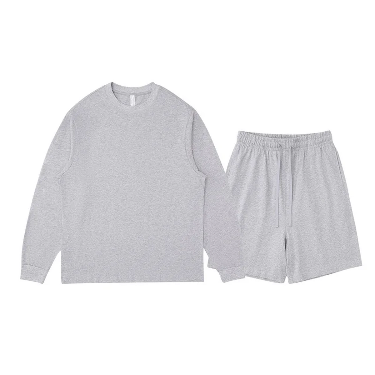 Polocom Plus Everyday Cotton Crewneck and Shorts Set in Gray, front view with small silver emblems