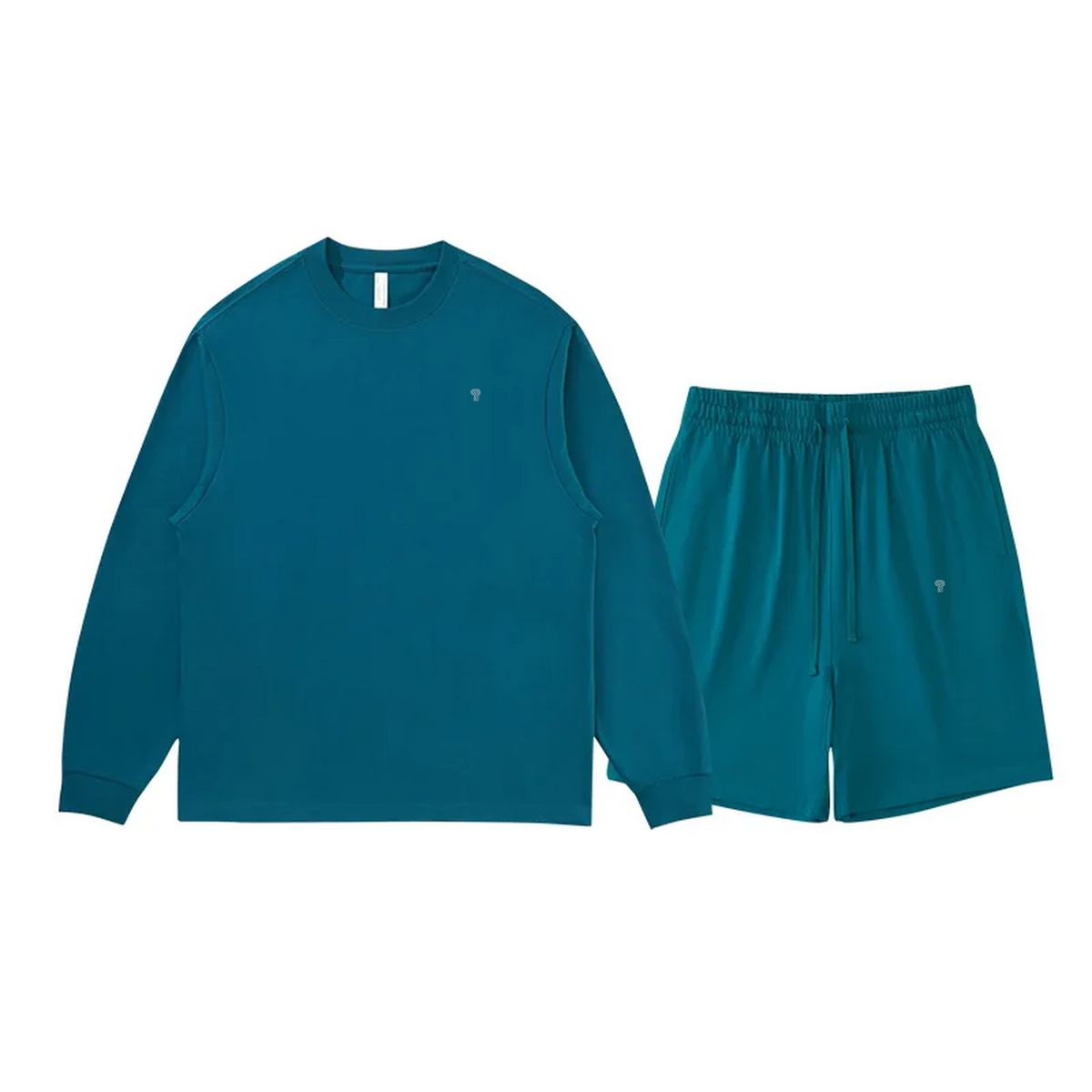 Polocom Plus Everyday Cotton Crewneck and Shorts Set in Green Blue, front view with small silver emblems