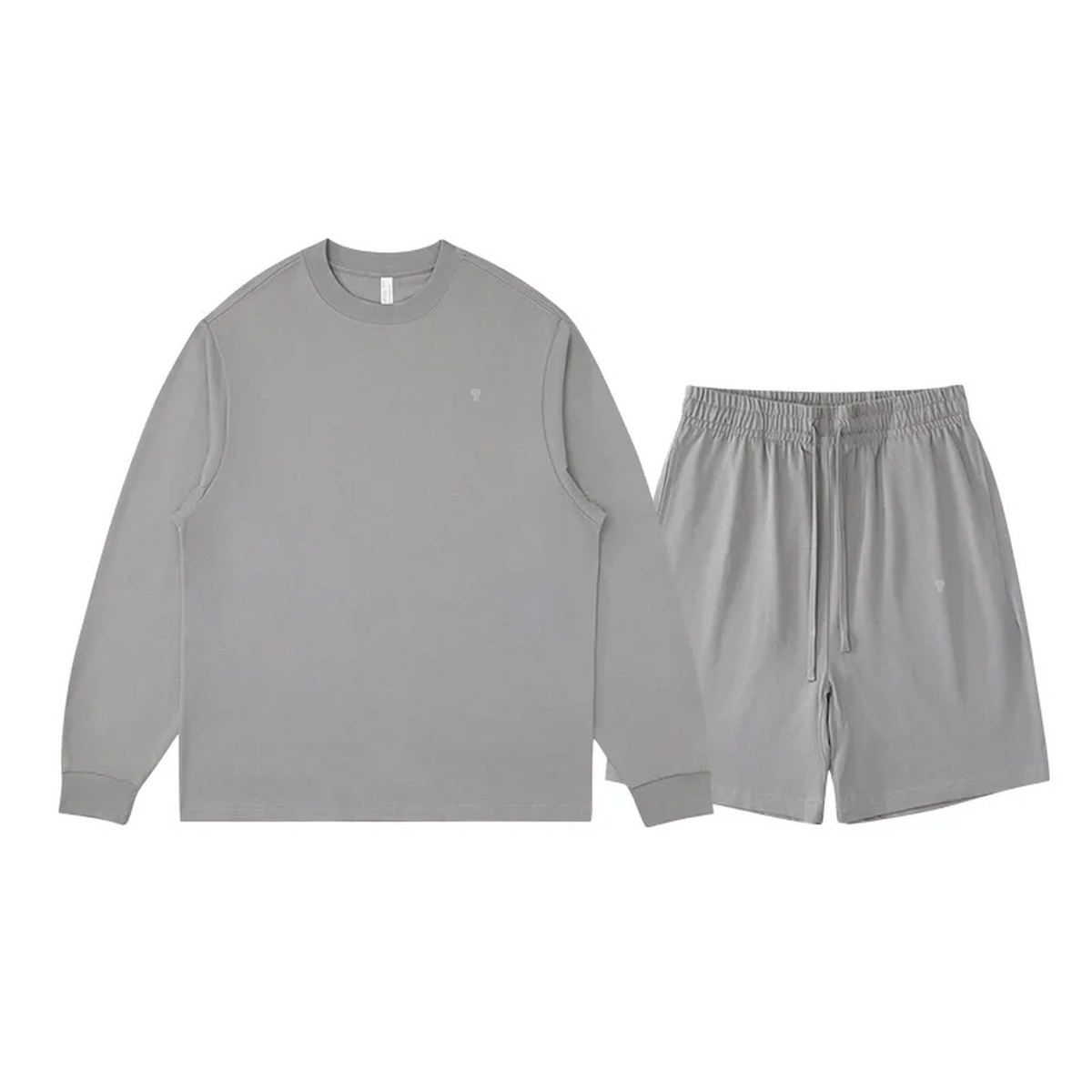 Polocom Plus Everyday Cotton Crewneck and Shorts Set in Mid Gray, front view with small silver emblems