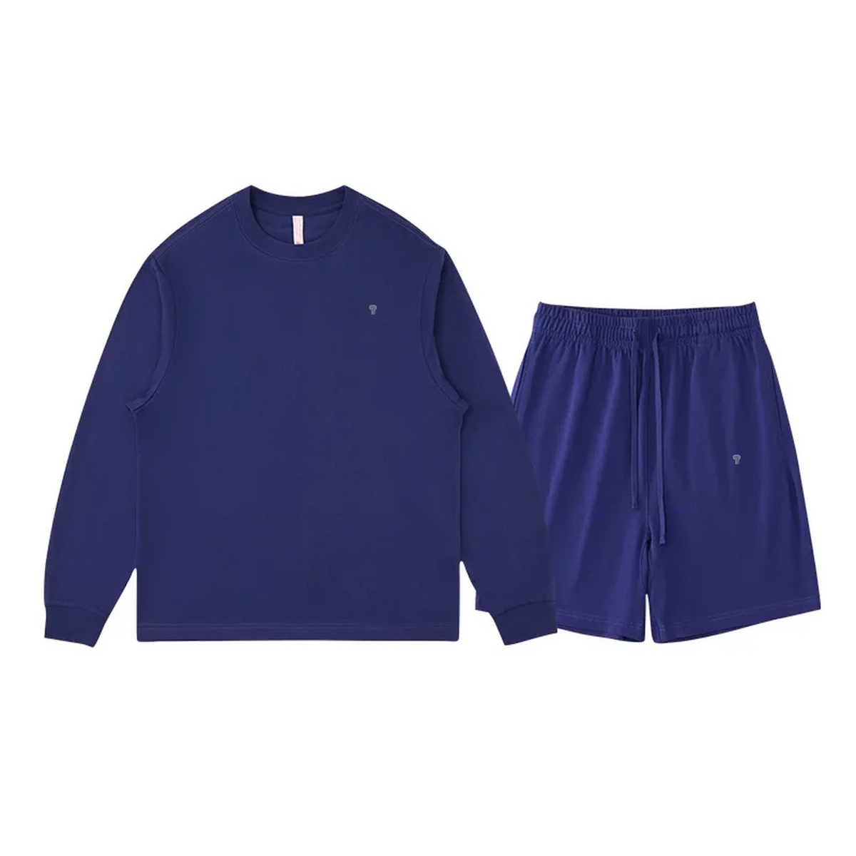 Polocom Plus Everyday Cotton Crewneck and Shorts Set in Navy, front view with small silver emblems