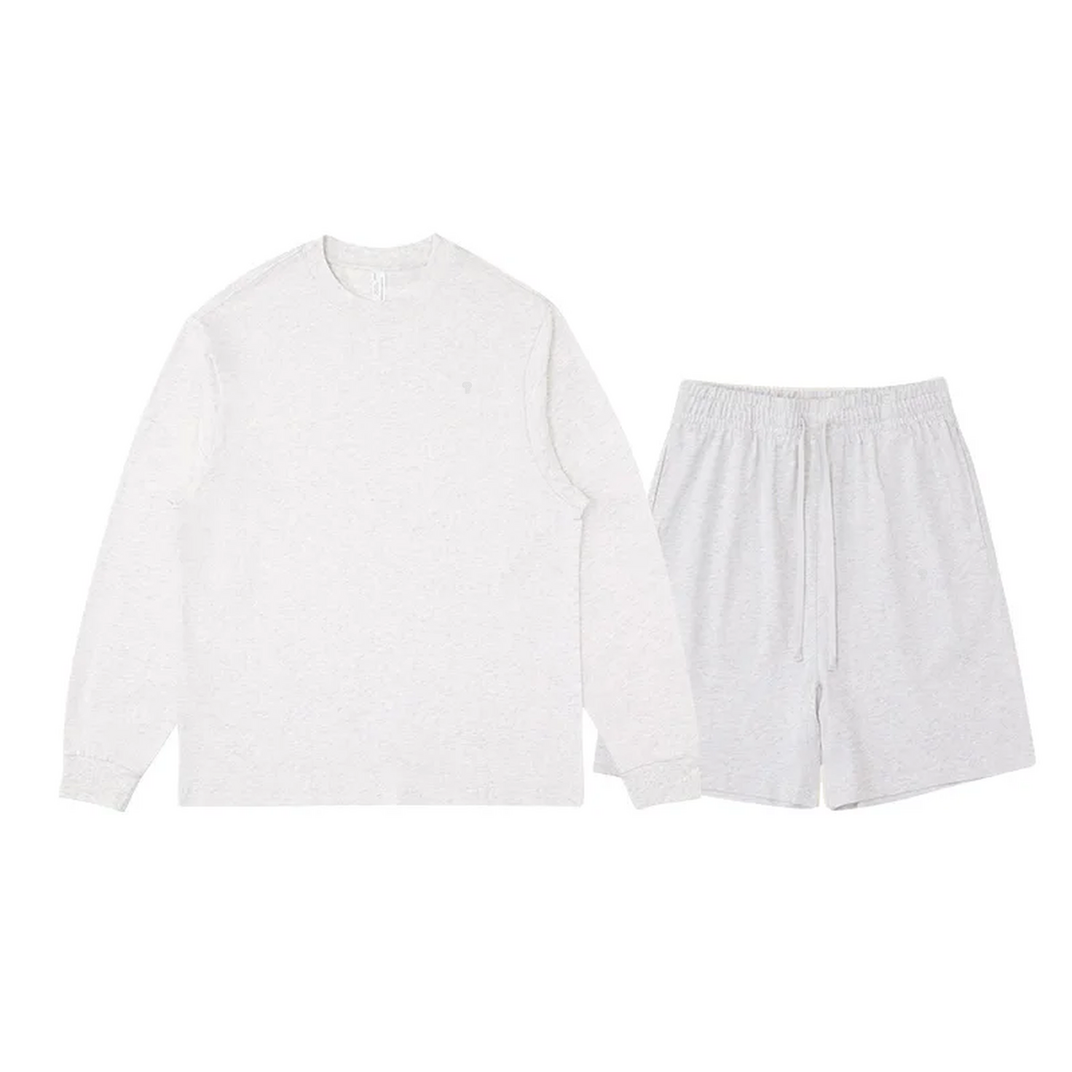 Polocom Plus Everyday Cotton Crewneck and Shorts Set in Oat Gray, front view with small silver emblems