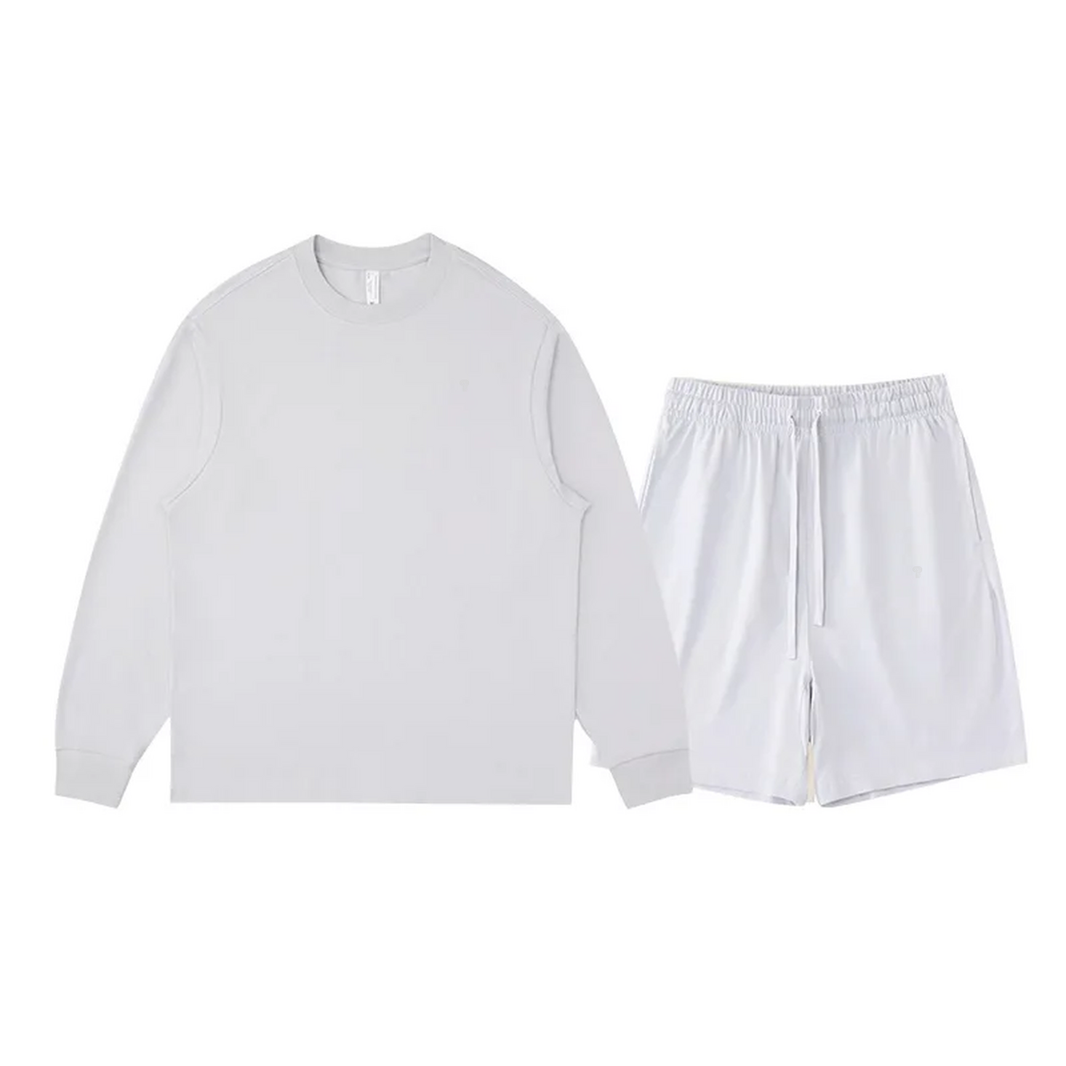 Polocom Plus Everyday Cotton Crewneck and Shorts Set in Silver Gray, front view with small silver emblems