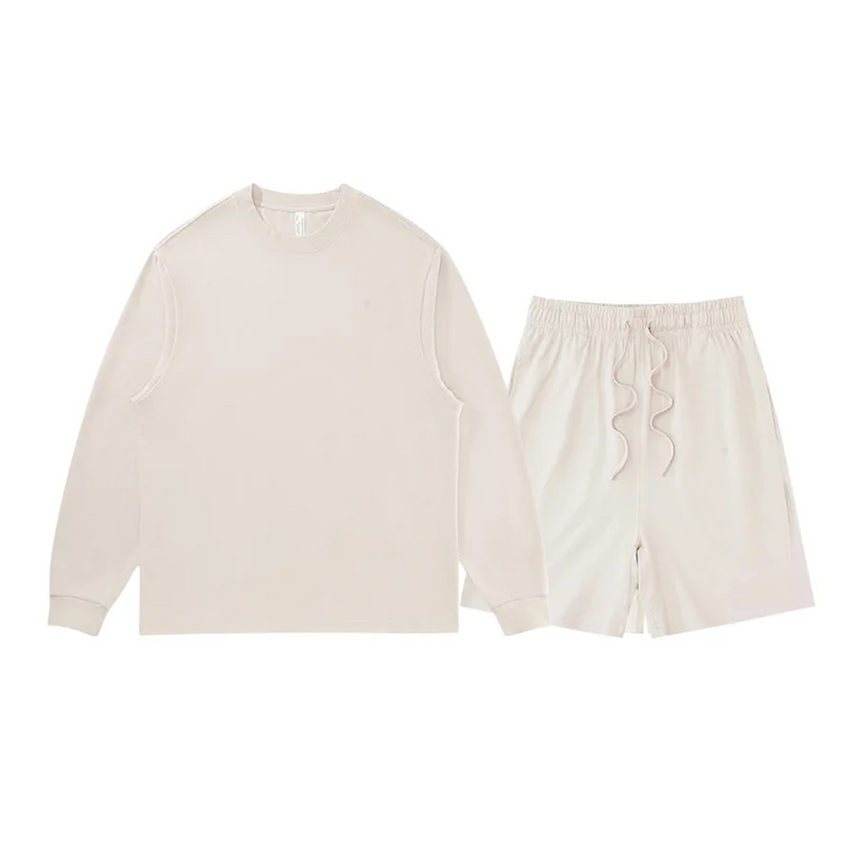 Polocom Plus Everyday Cotton Crewneck and Shorts Set in Wheat, front view with small silver emblems
