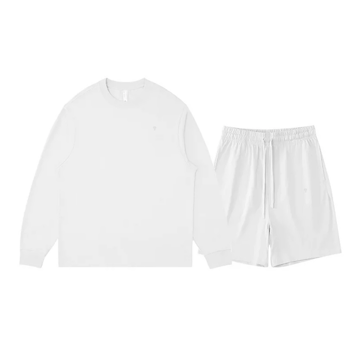 Polocom Plus Everyday Cotton Crewneck and Shorts Set in White, front view with small silver emblems