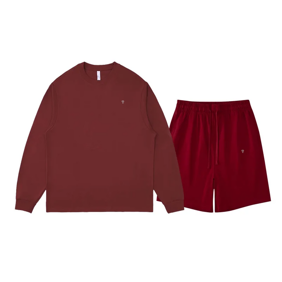 Polocom Plus Everyday Cotton Crewneck and Shorts Set in Wine Red, front view with small silver emblems
