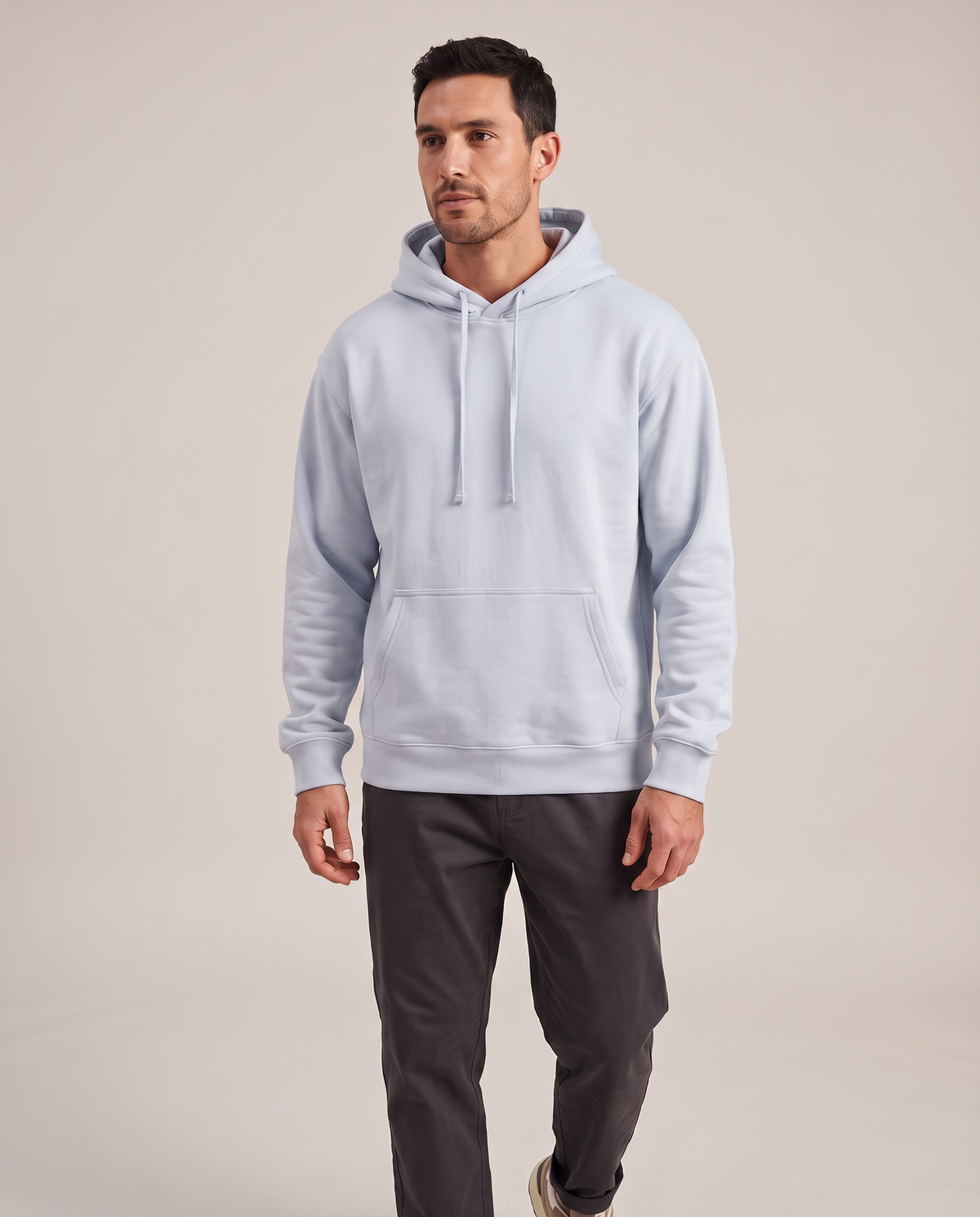 Polocom Plus Everyday hoodie in Blue, front worn view with small silver emblem