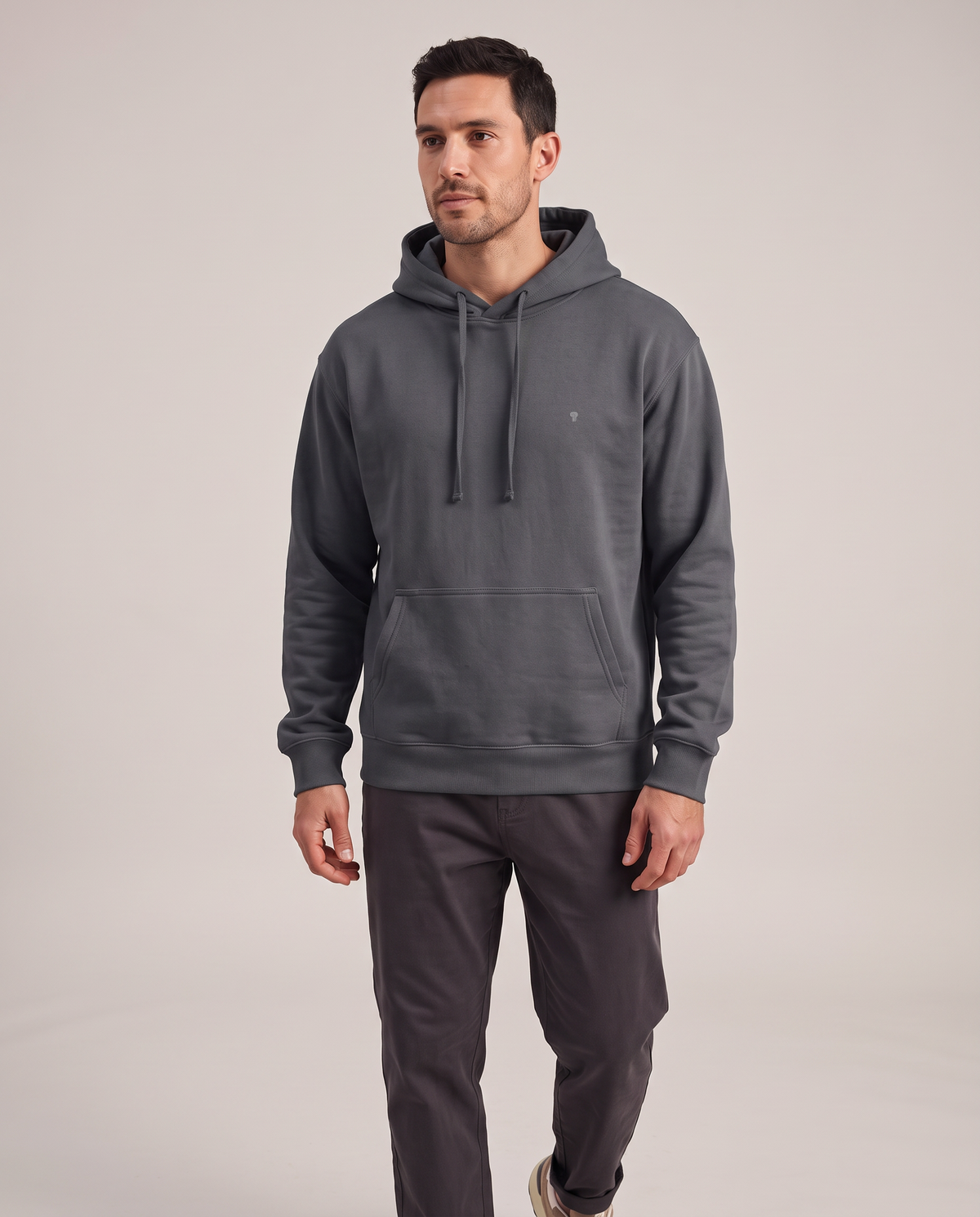 Polocom Plus Everyday hoodie in Gray, front worn view with small silver emblem