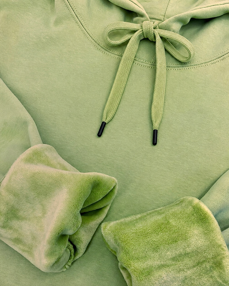 Everyday hoodie in Green, actual drawcord tips, neckline stitching and brushed inner fabric