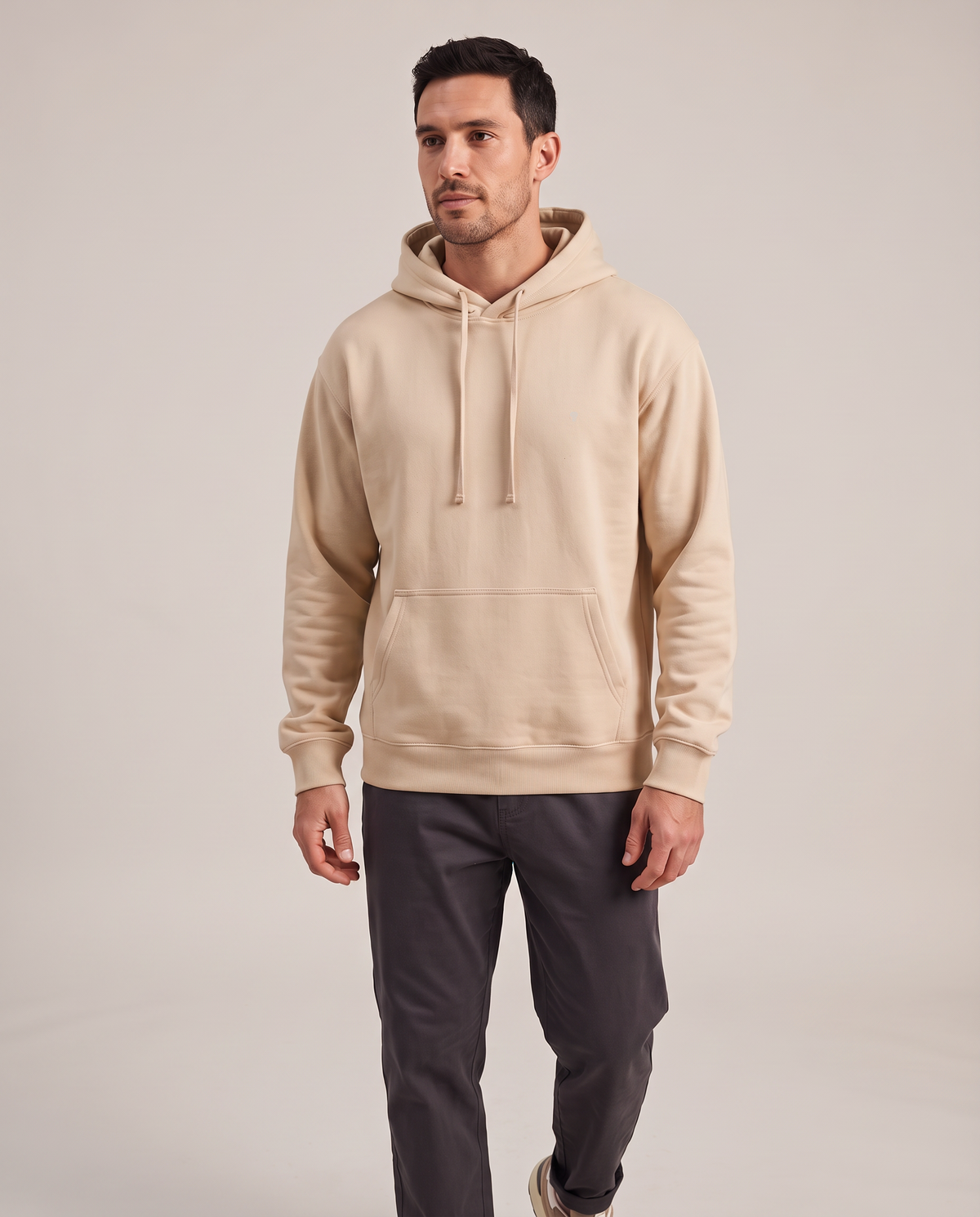 Polocom Plus Everyday hoodie in Khaki, front worn view with small silver emblem