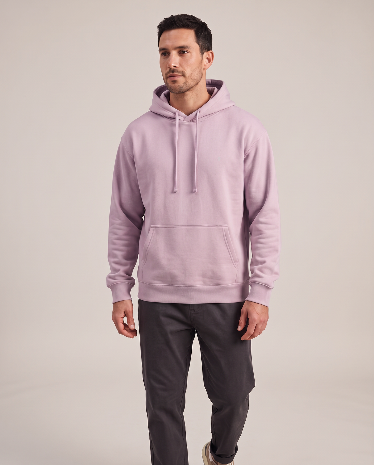 Polocom Plus Everyday hoodie in light Purple, front worn view with small silver emblem