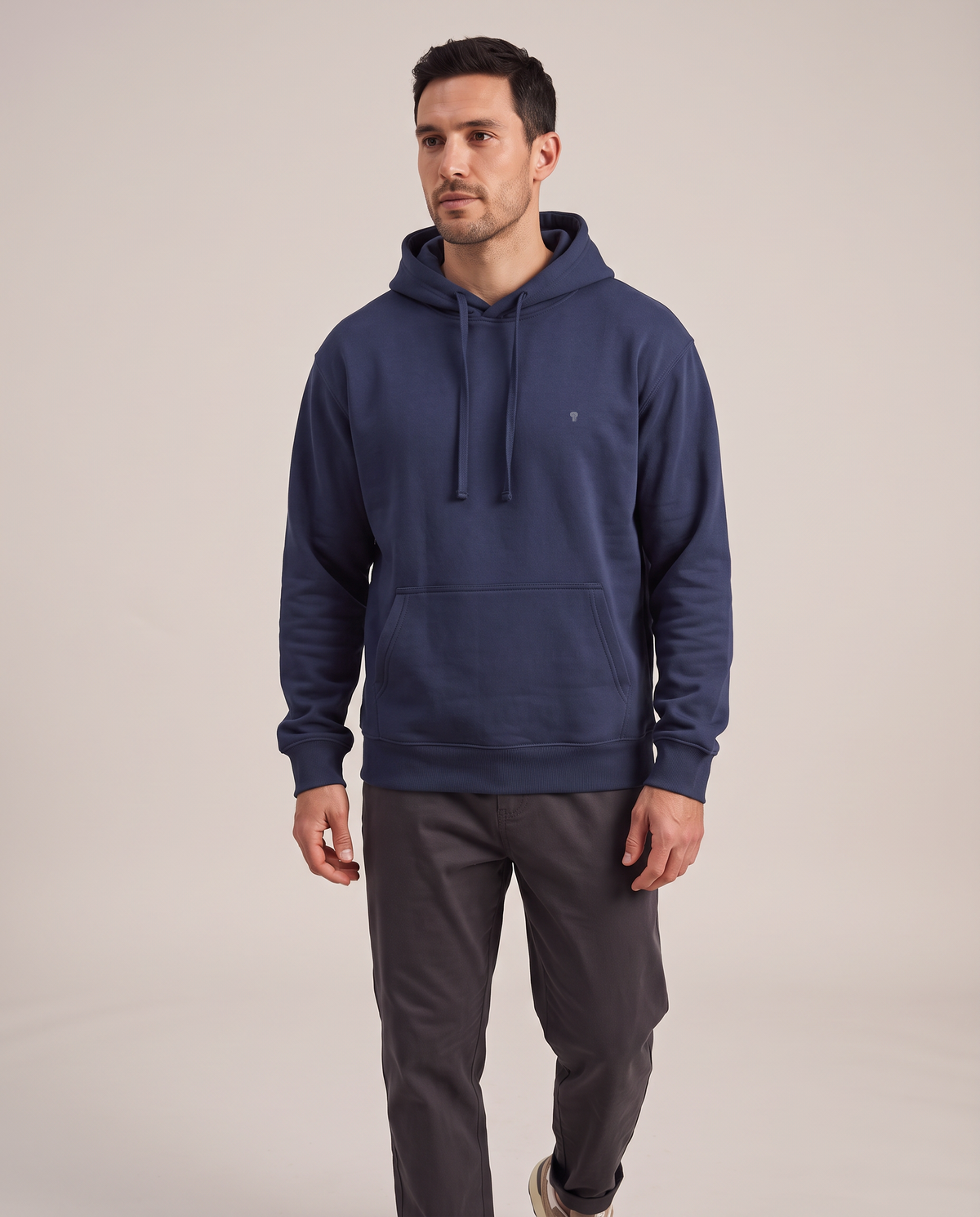 Polocom Plus Everyday hoodie in Navy, front worn view with small silver emblem