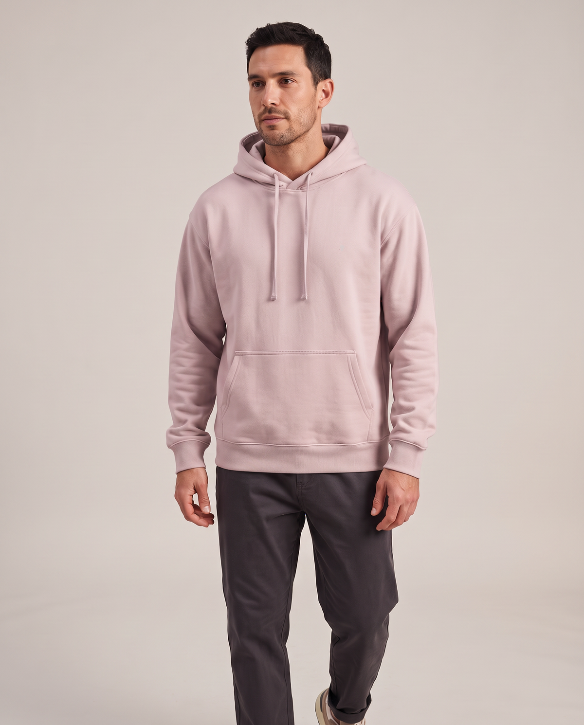 Polocom Plus Everyday hoodie in Pink, front worn view with small silver emblem