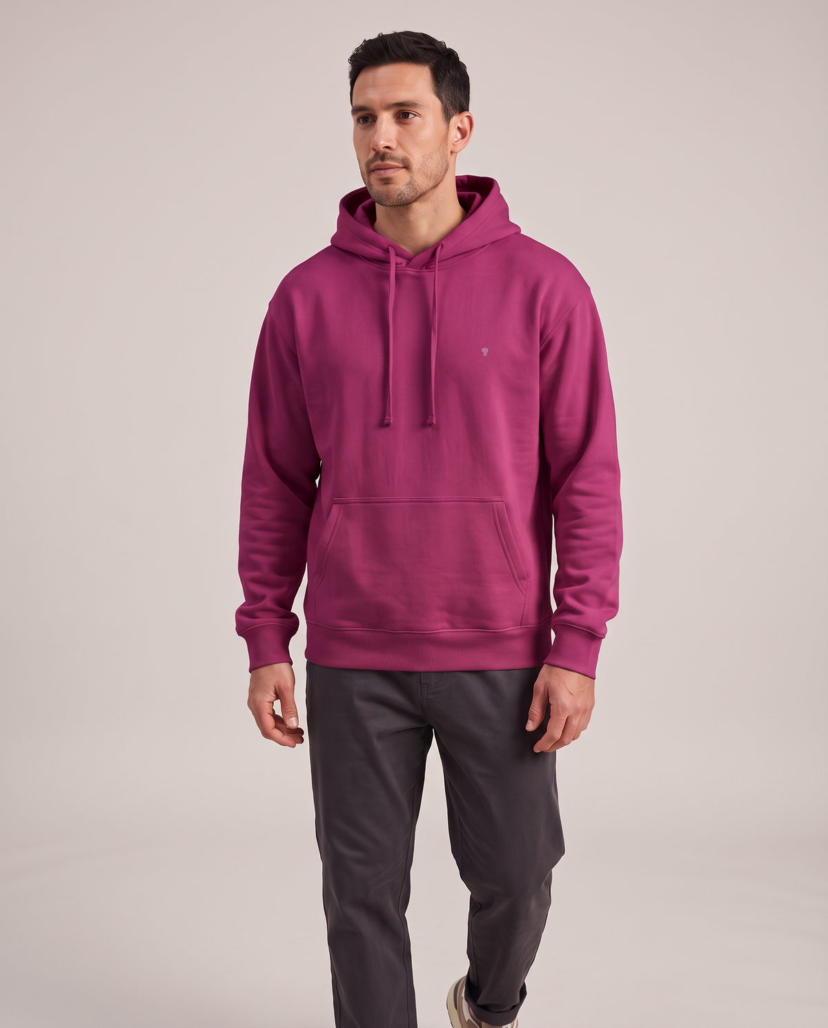 Polocom Plus Everyday hoodie in Purple, front worn view with small silver emblem