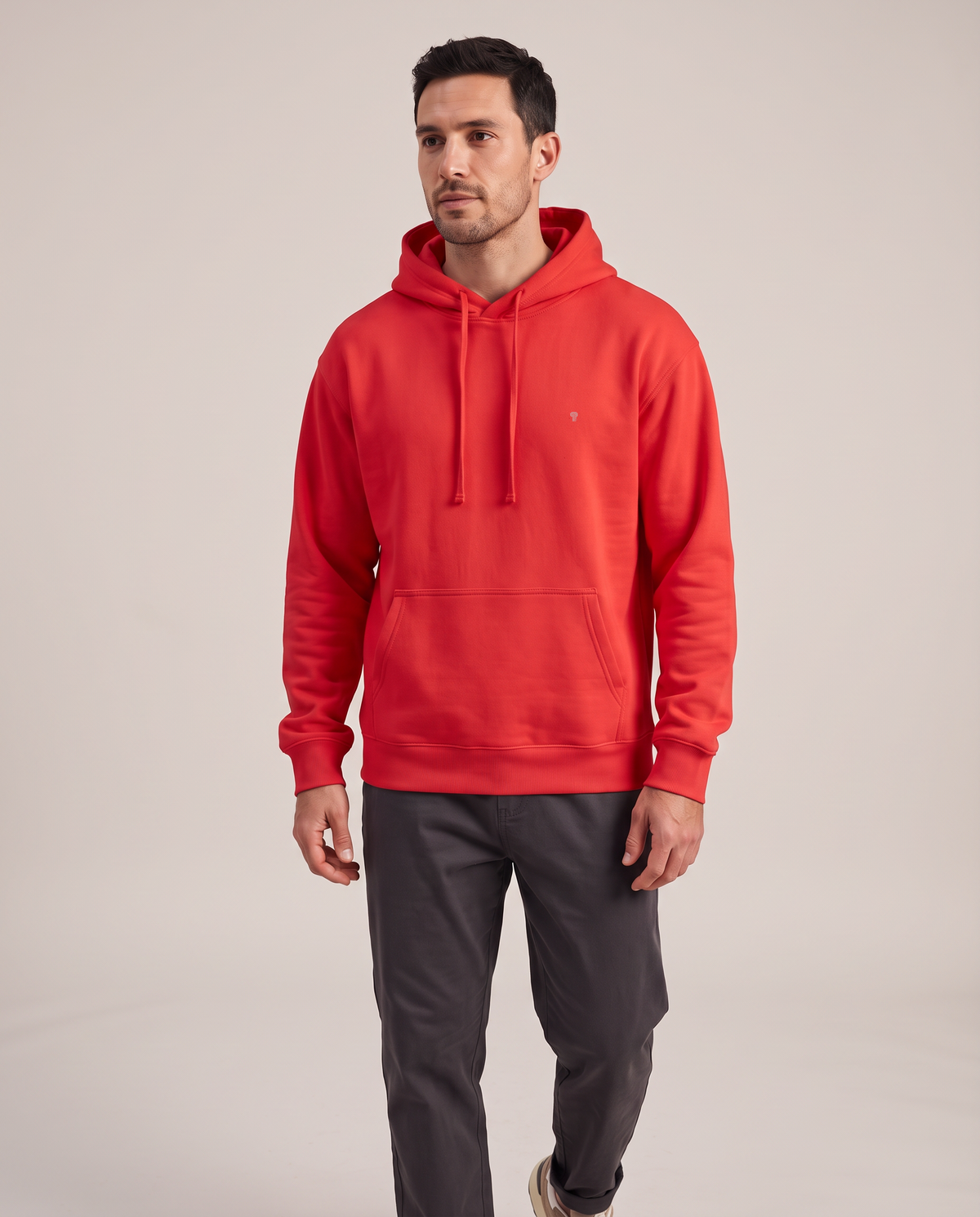 Polocom Plus Everyday hoodie in Red, front worn view with small silver emblem