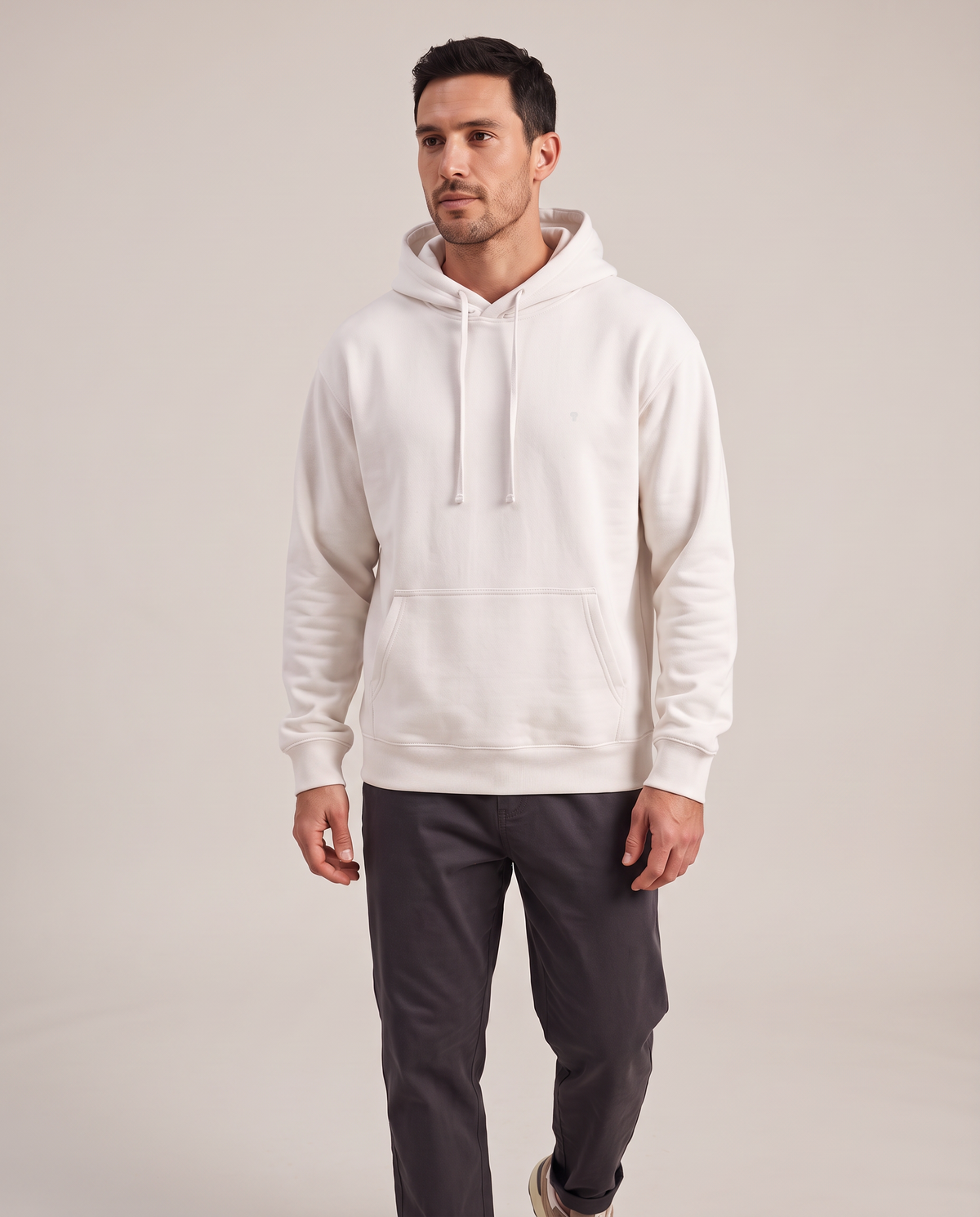 Polocom Plus Everyday hoodie in White, front worn view with small silver emblem