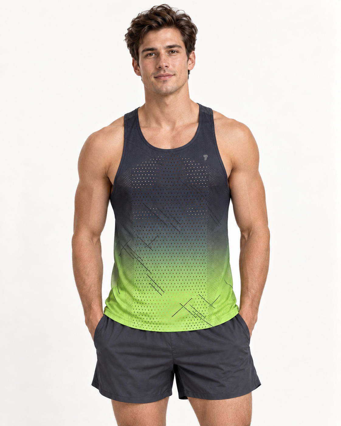 Polocom Plus Fade Graphic Running Tank in Gray Green, front model concept view