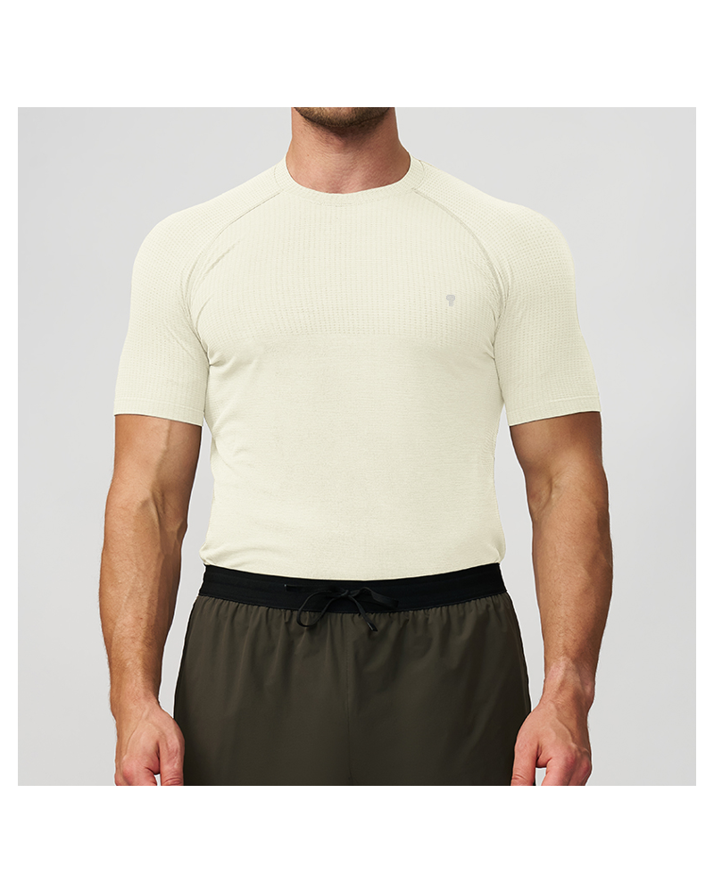 Polocom Plus Fine Rib Raglan Training Tee — Beige front on model
