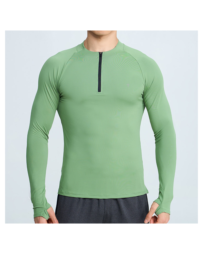 Army Green Flex Zip Thumbhole Training Top worn by a model, front view