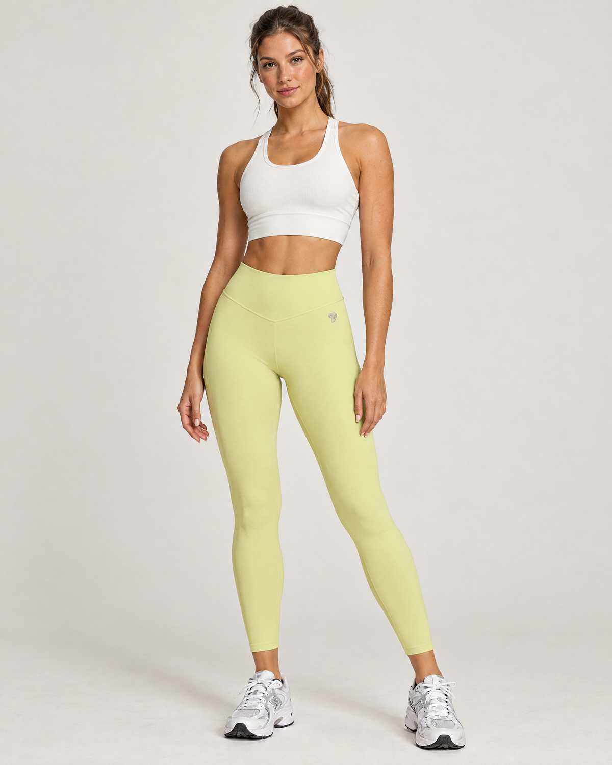 Polocom Plus Flow High-Waist Leggings | Mustard Yellow | Front view with small silver P emblem