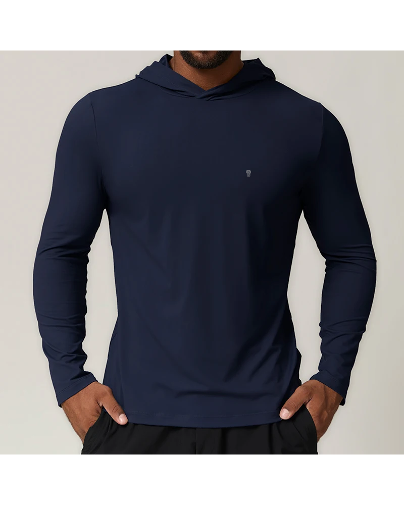 Polocom Plus Fluid Stretch Training Hoodie in Navy, model front view