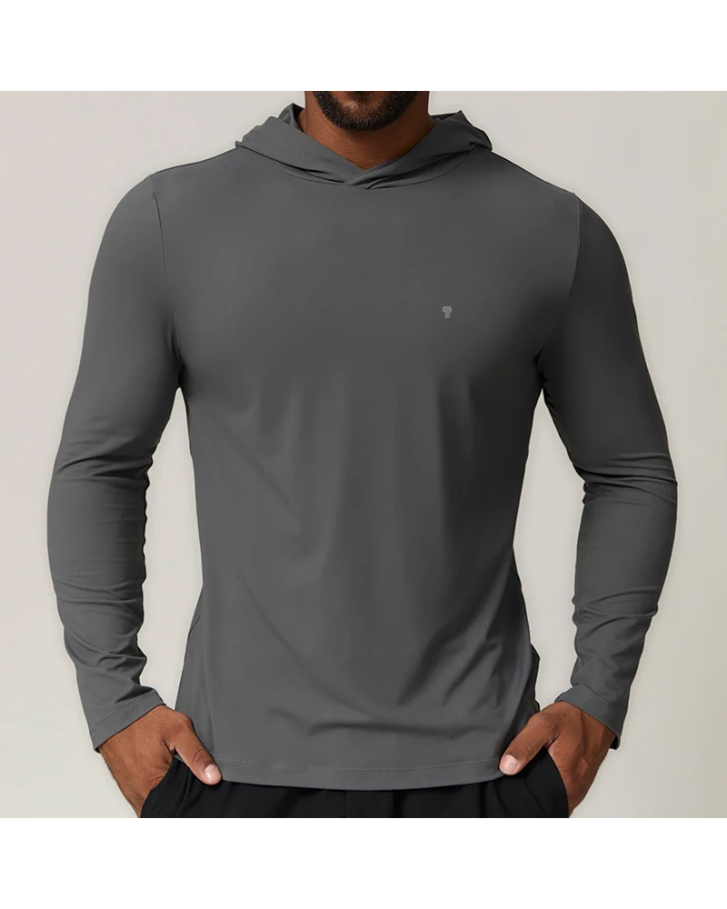 Polocom Plus Fluid Stretch Training Hoodie in Dark Gray, model front view
