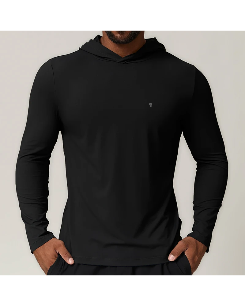 Polocom Plus Fluid Stretch Training Hoodie in Black, model front view