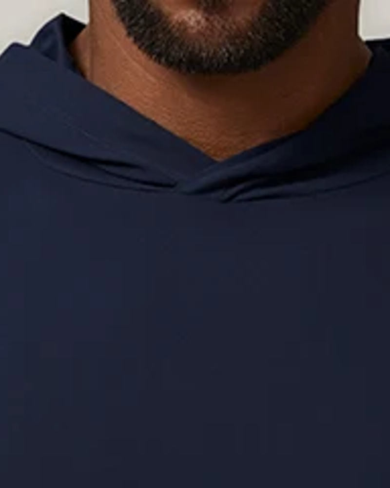 Fluid Stretch Training Hoodie in Navy, hood and neckline detail