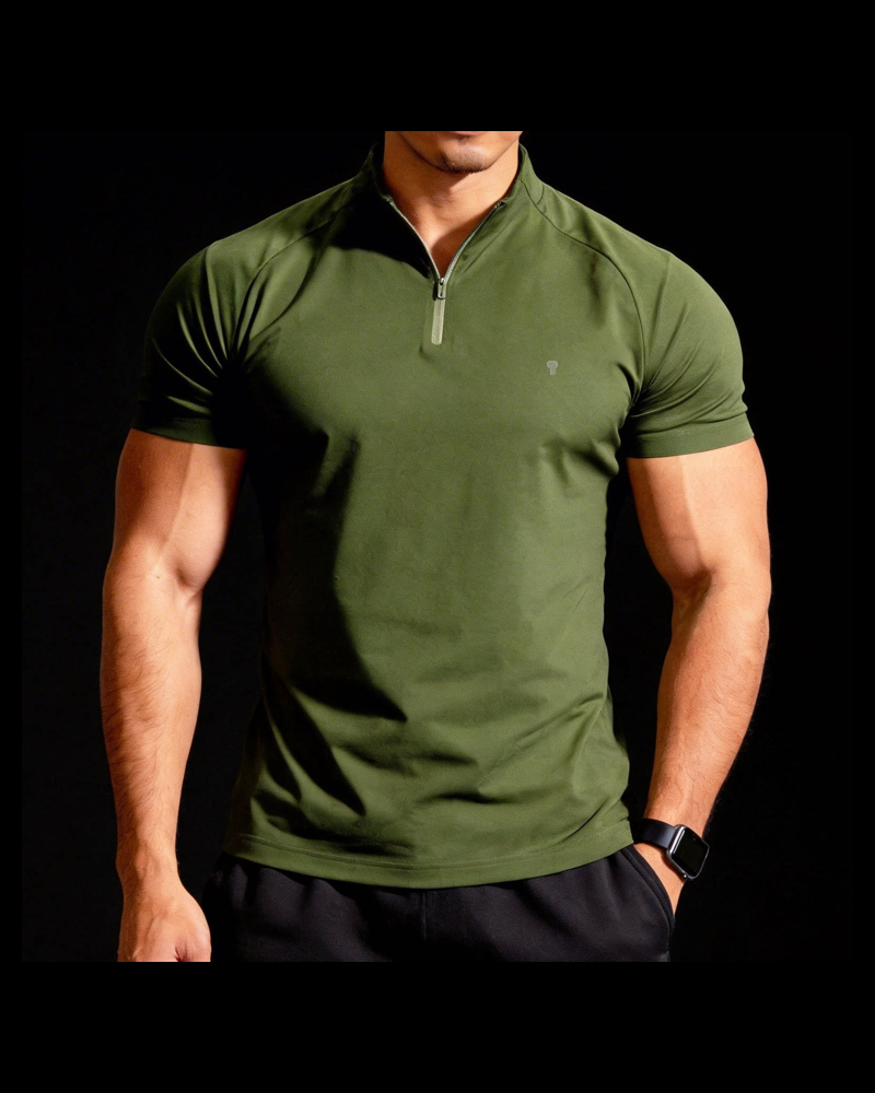 Polocom Plus Form 170 Quarter Zip Tee — Army Green front on model