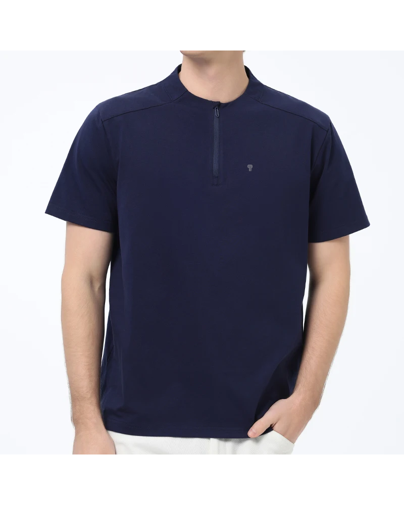 Polocom Plus Form Cotton-Blend Quarter-Zip Tee in Navy, model front view