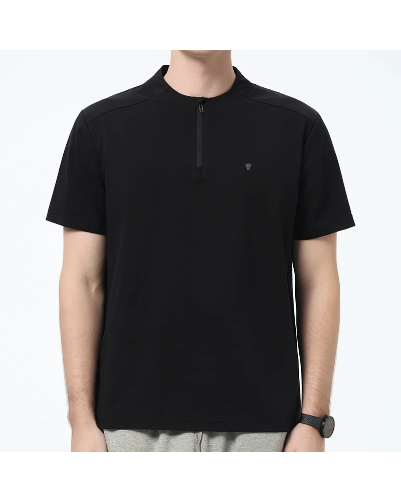 Polocom Plus Form Cotton-Blend Quarter-Zip Tee in Black, model front view