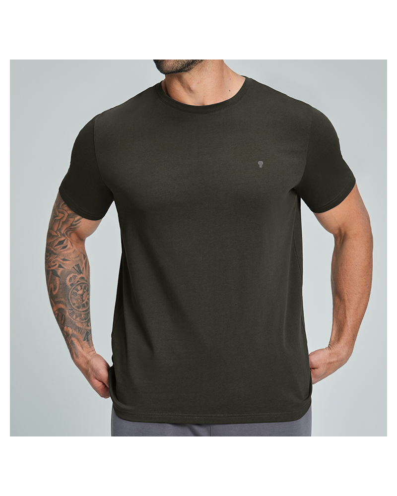 Polocom Plus Base Cotton Tee — Army Green front on model