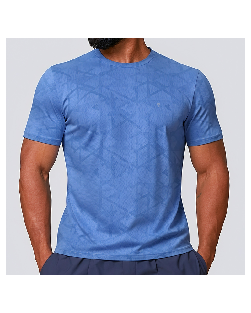 Blue Geo Print Stretch Training Tee worn by a model, front view
