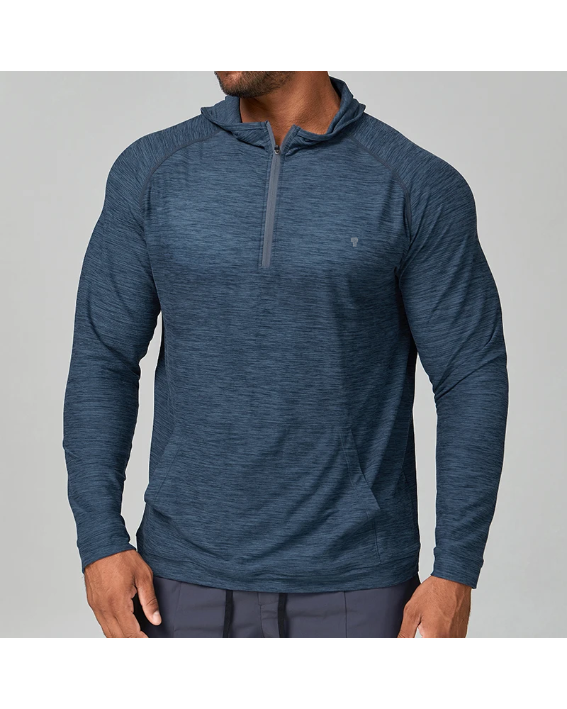 Polocom Plus Heather Quarter-Zip Training Hoodie in Blue, model front view
