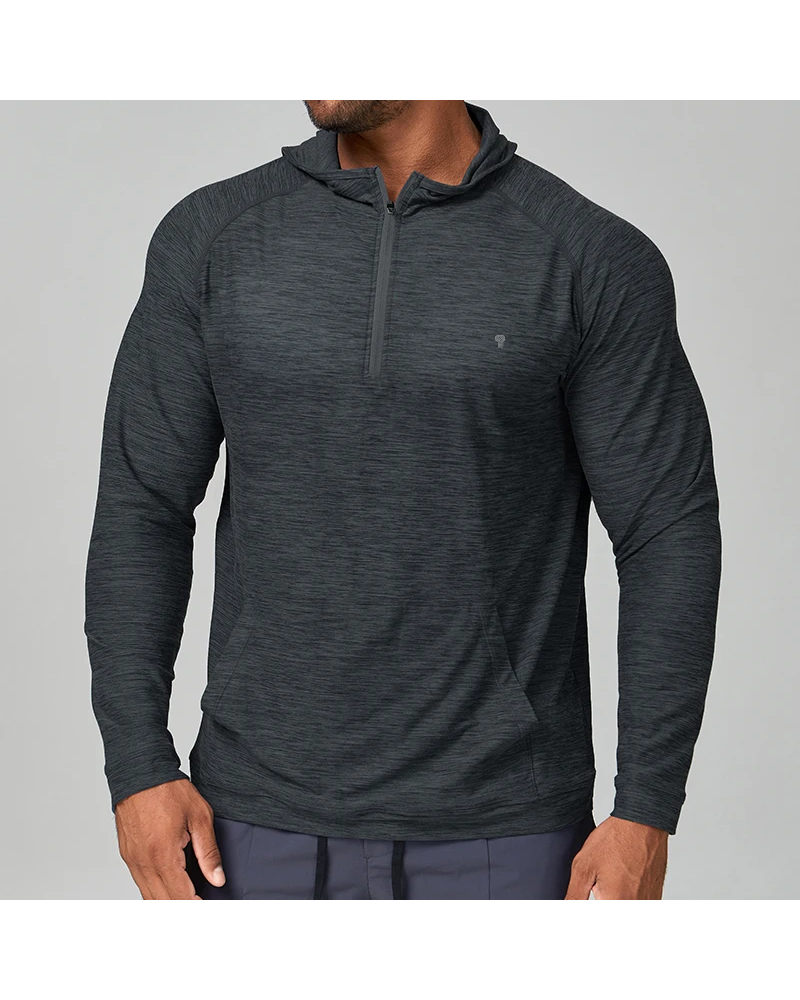 Polocom Plus Heather Quarter-Zip Training Hoodie in Dark Gray, model front view