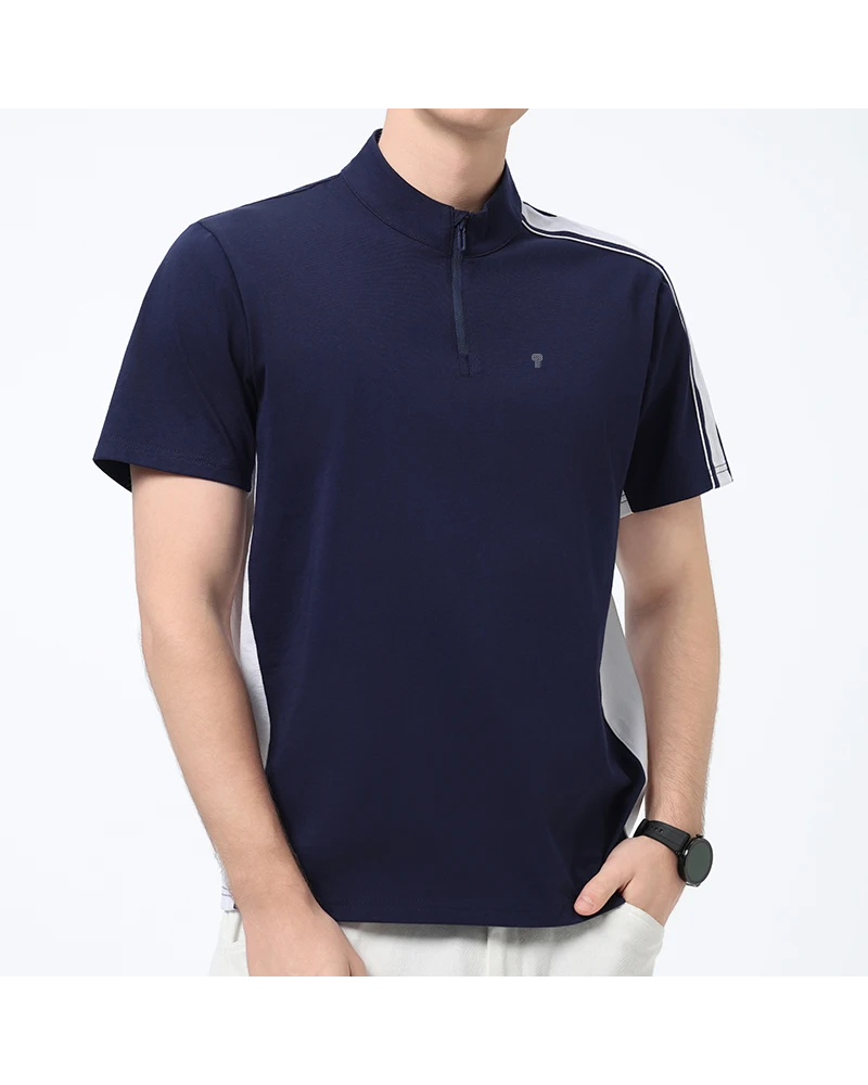 Polocom Plus Lane Cotton-Blend Quarter-Zip Tee in Navy, model front view