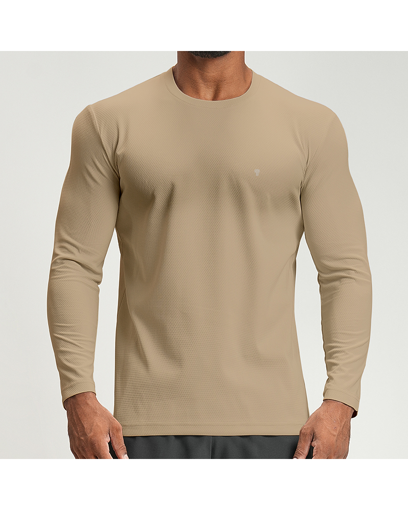 Polocom Plus Line Long-Sleeve Training Tee in Khaki, on model front view