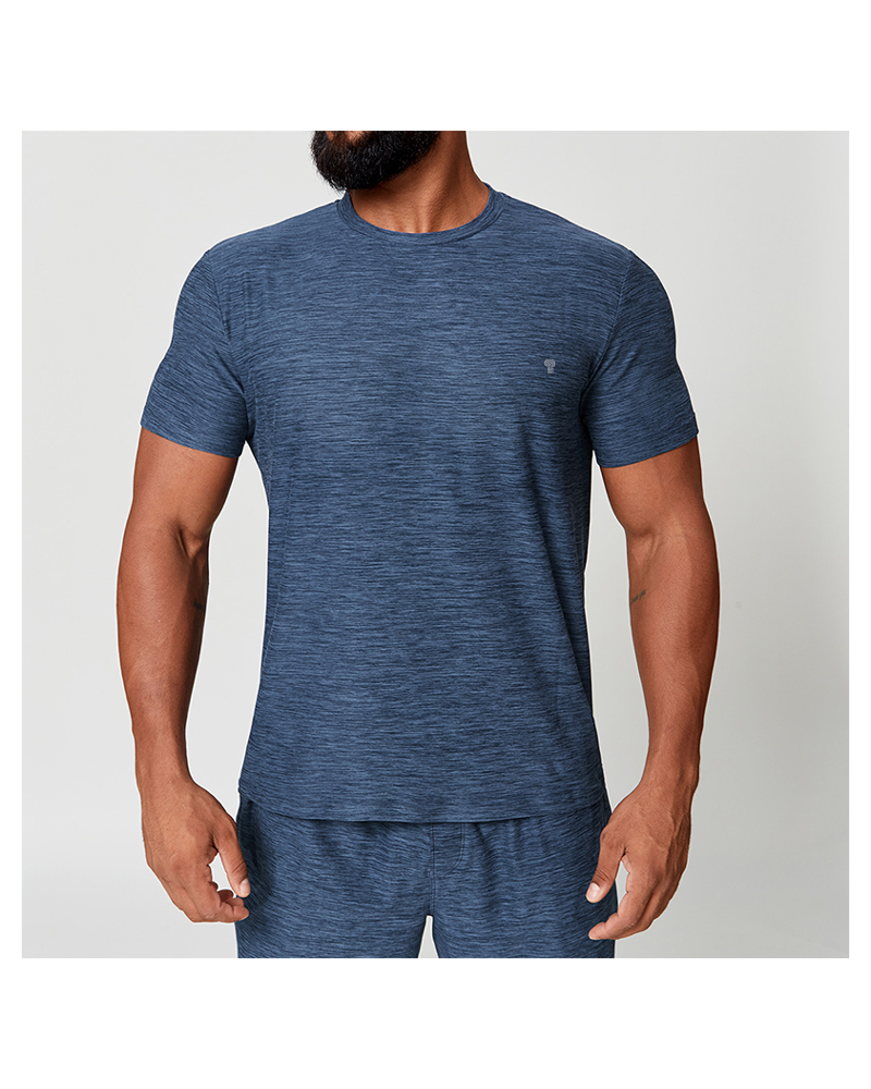Blue Marl Stretch Training Tee worn by a model, front view