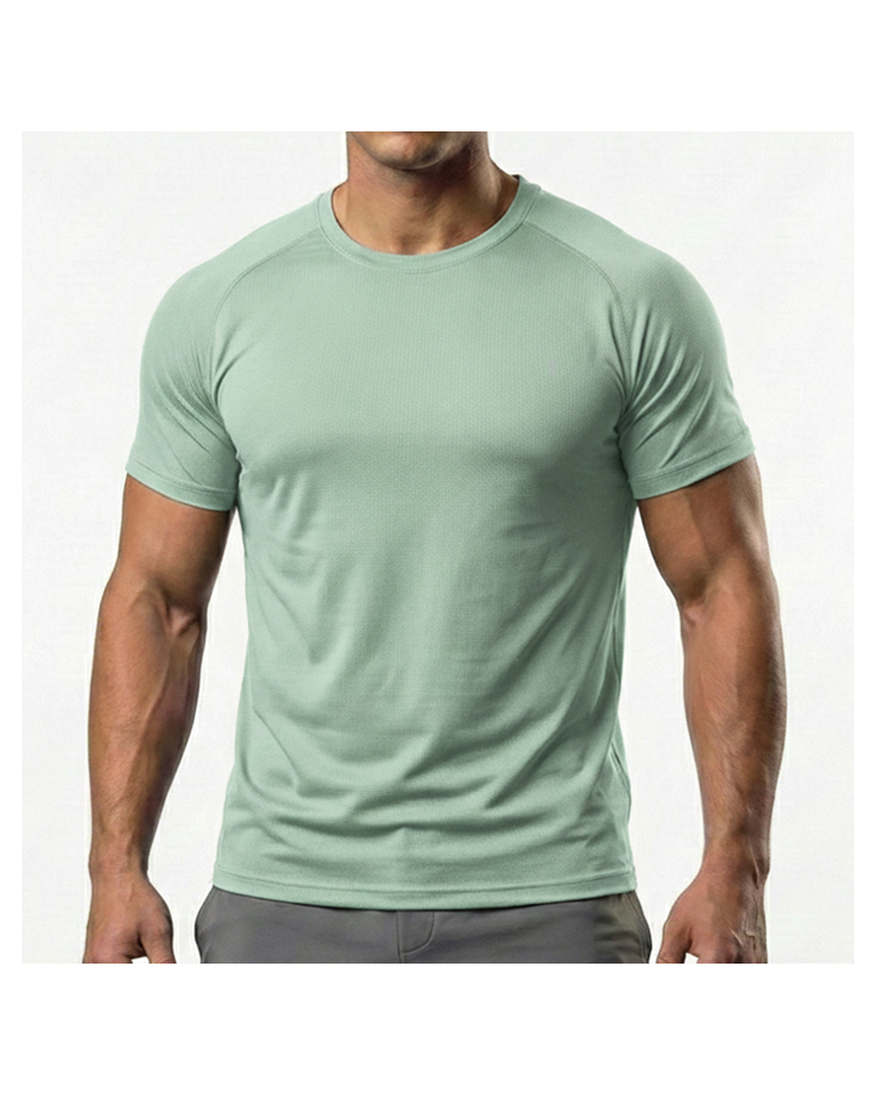 Light Green Micro Knit Raglan Training Tee worn by a model, front view