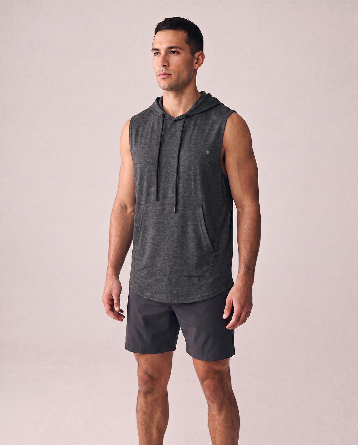 Polocom Plus Motion sleeveless hoodie in Dark grey, front worn view with small silver emblem