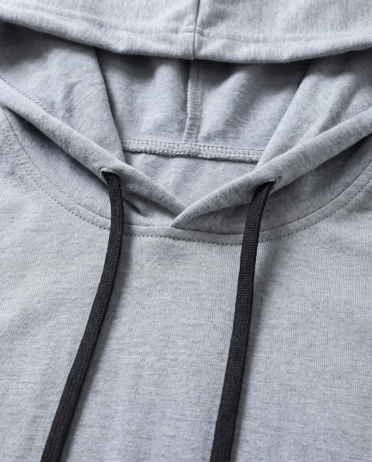 Motion sleeveless hoodie, light grey hood seam and drawcord detail