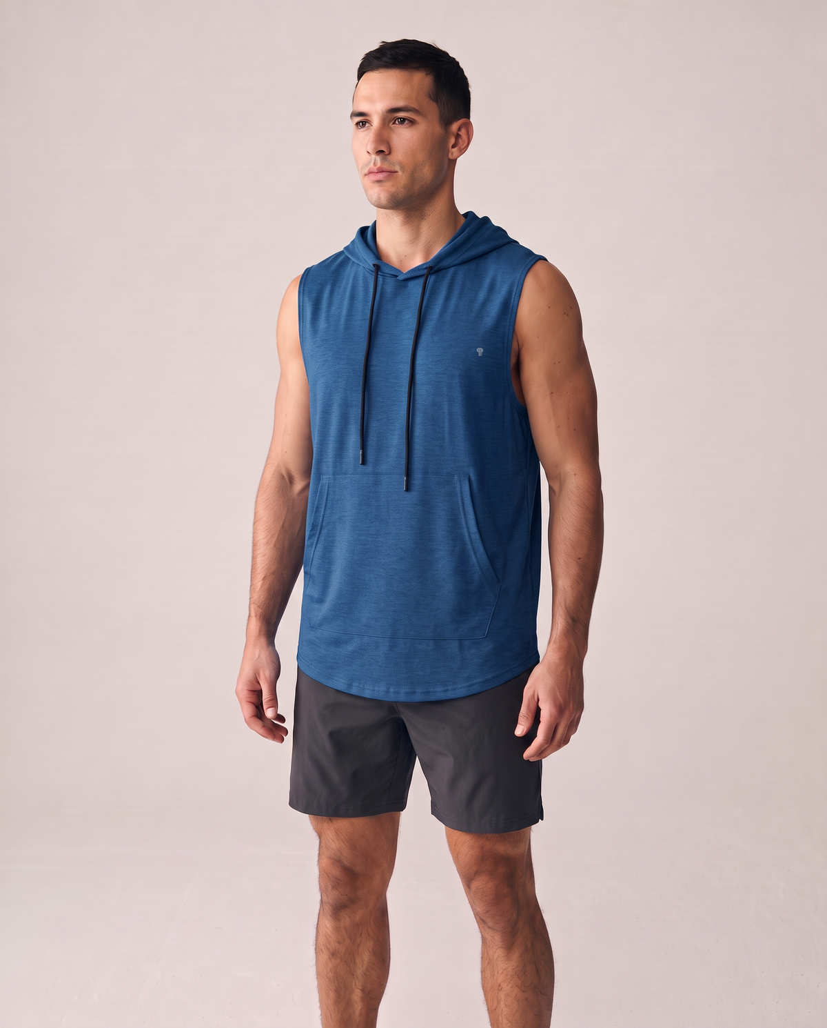 Polocom Plus Motion sleeveless hoodie in Royal blue, front worn view with small silver emblem