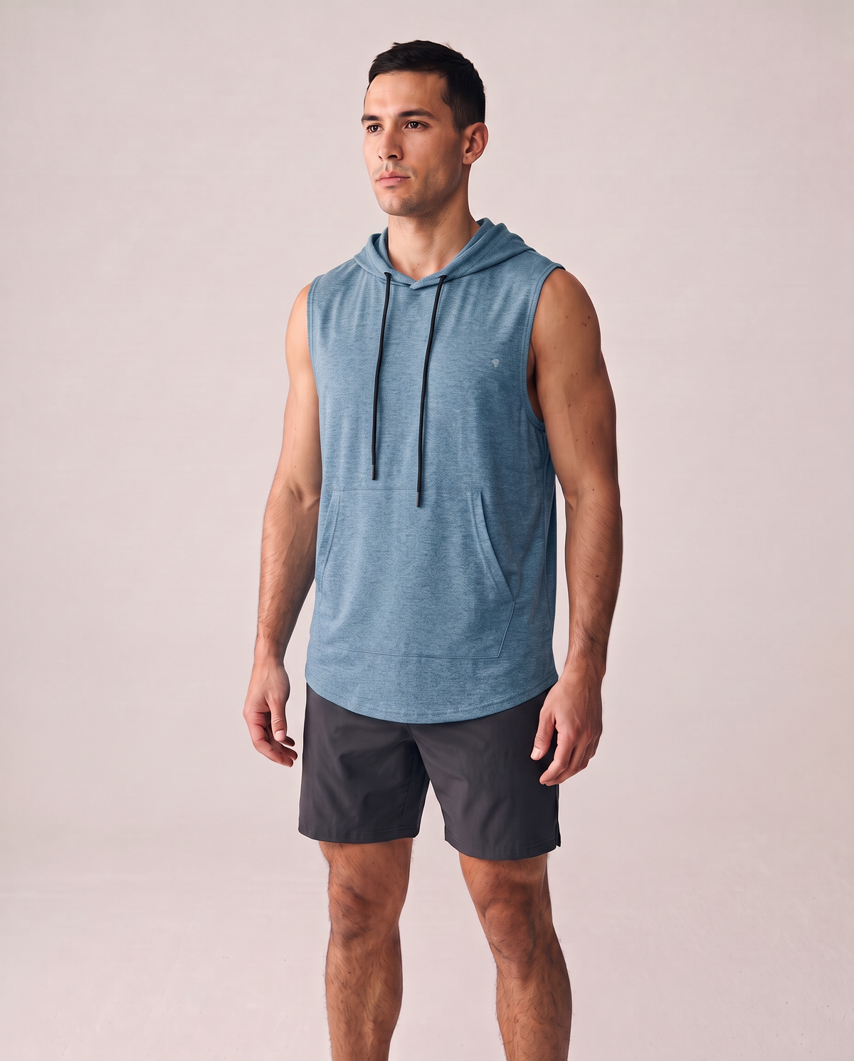 Polocom Plus Motion sleeveless hoodie in Sky Blue, front worn view with small silver emblem