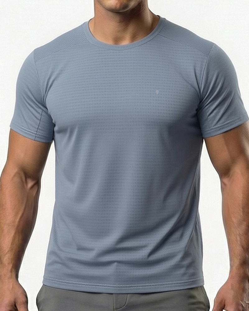 Polocom Plus Pinpoint Stretch Training Tee — Gray Blue front on model