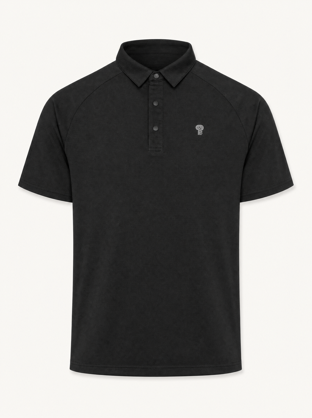 Polocom Plus polo in black, front studio view.