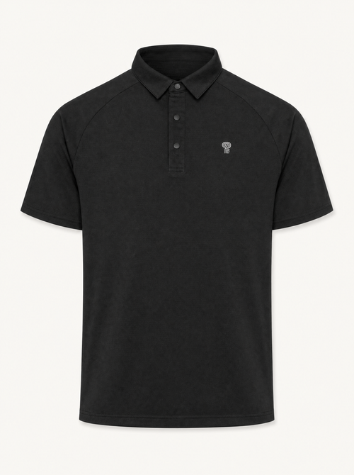 Polocom Plus polo in black, front studio view.