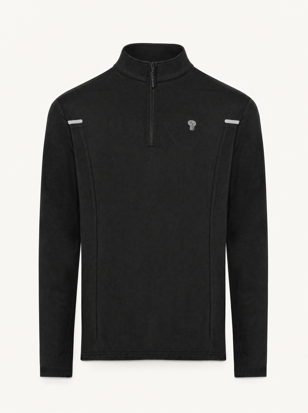 Polocom Plus quarter zip in black, front studio view.