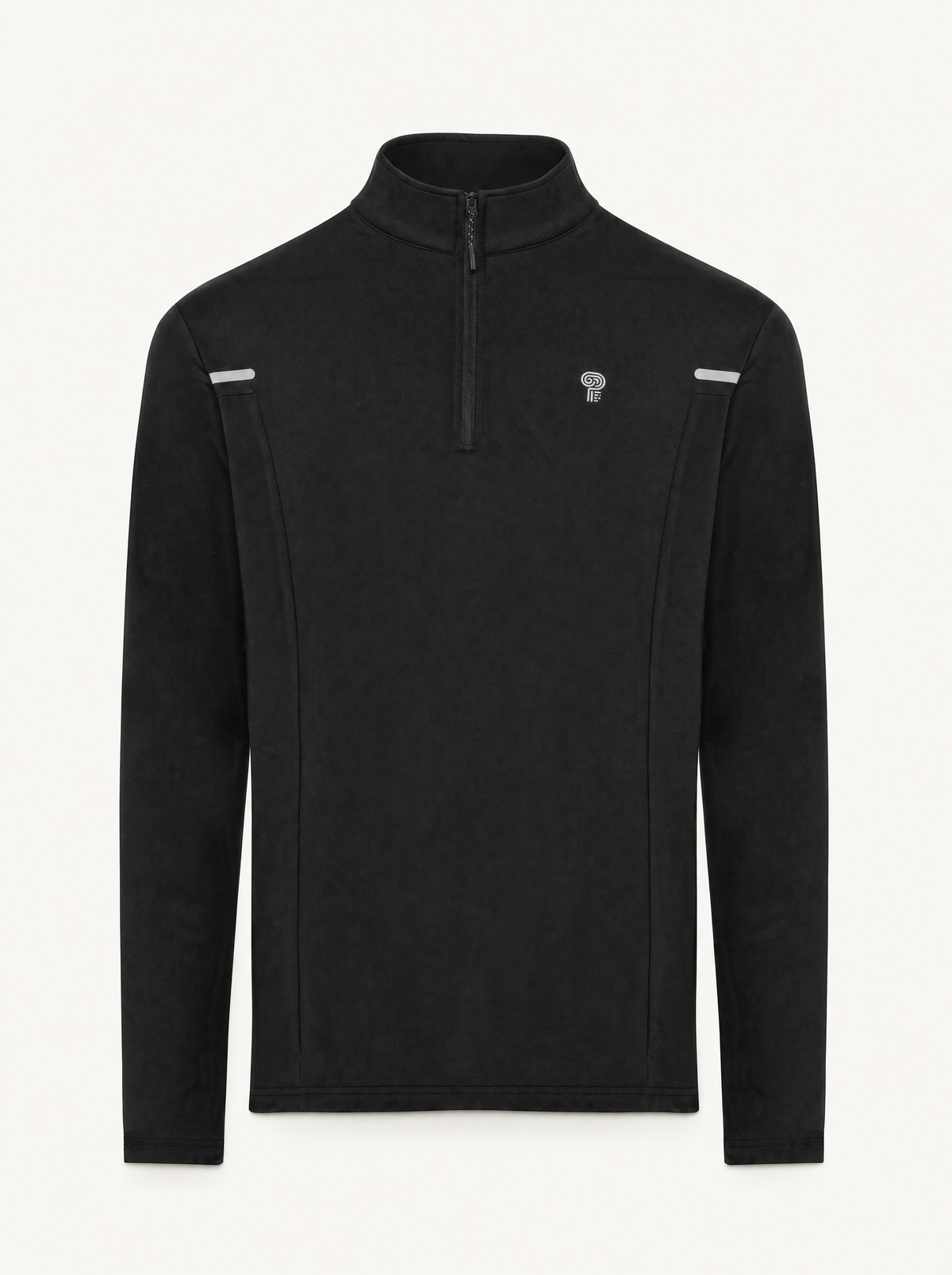 Polocom Plus quarter zip in black, front studio view.