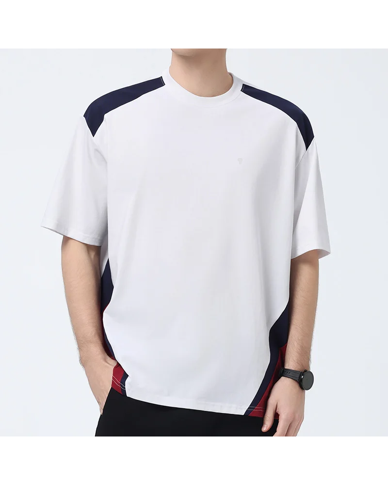 Polocom Plus Rally Colorblock Cotton-Blend Tee in White, model front view