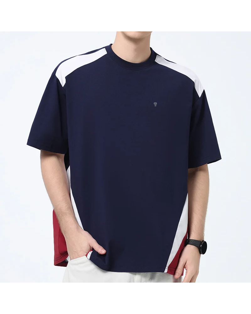 Polocom Plus Rally Colorblock Cotton-Blend Tee in Navy, model front view